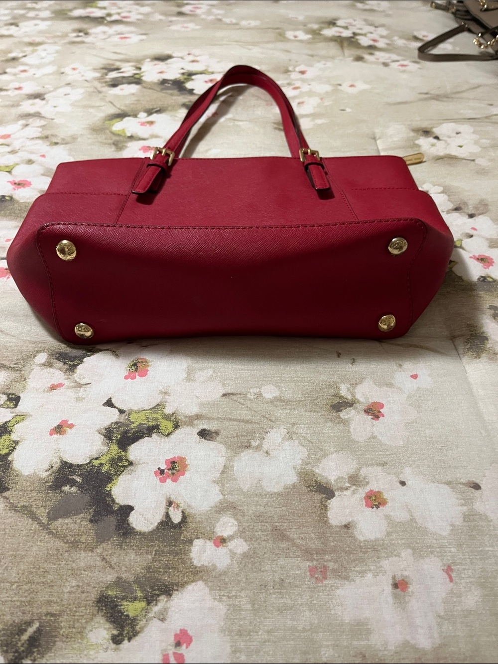 Michael Kors Red Saffiano Leather Tote with Gold MK Charm - Picture 3 of 4
